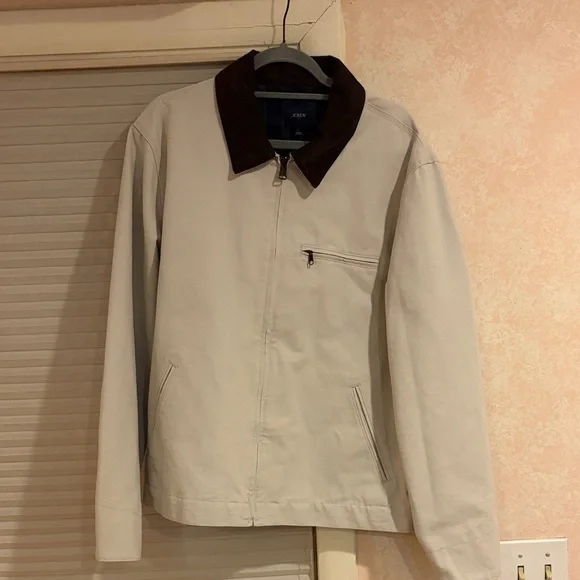 J. Crew Light Beige Canvas Work Jacket with Dark Brown Collar - Picture 2 of 4